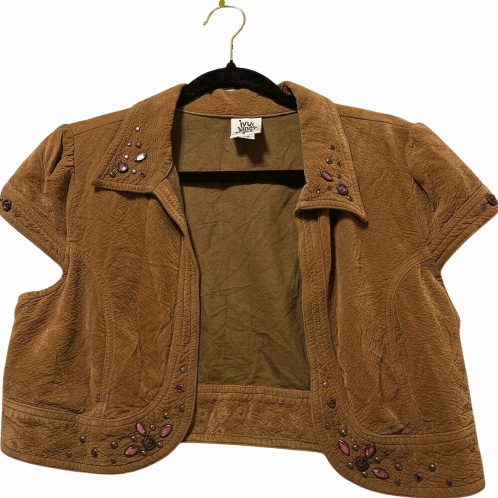 Ivy Jane Cropped Embellished Boho Vest Brown Rayon Size M